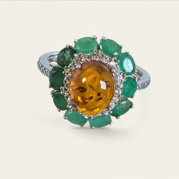 925 Sterling Silver Ring with Natural Amber & Emerald Gemstones - Picture 15 of 15